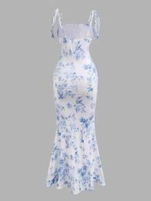 Girlism Teen Girl Summer Casual Vacation Blue & White Floral Print Ruched Bust Dress, Bohemian Style - Blue and White - View 2