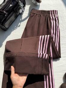 Comfortcana Comfortable Plus Size Brown Striped Sweatpants Made From Knitted Fabric With Drawstring Details For Casual Wear - Brown - View 10