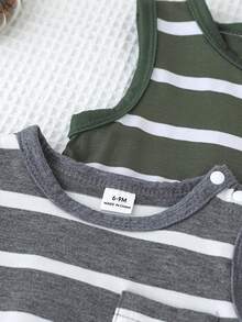 SHEIN Playful Pals 3件套男婴/男女通用婴儿幼儿新生儿0-3岁条纹圆领露肩背心带口袋和短裤，易于穿脱，百搭夏季套装，男婴套装，度假休闲套装 - 彩色 - 查看 7