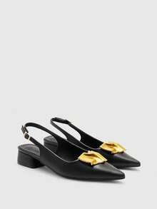 CUCCOO BIZCHIC Sapato feminino preto de bico fino com detalhes plissados em metal, salto baixo, versátil para o dia a dia e para o escritório, design elegante sem calcanhar. - Preto - Ver 2