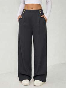 SHEIN EZwear 大码女式金属双扣直筒休闲办公裤，秋冬高腰阔腿裤女裤 - 深灰色 - 查看 4
