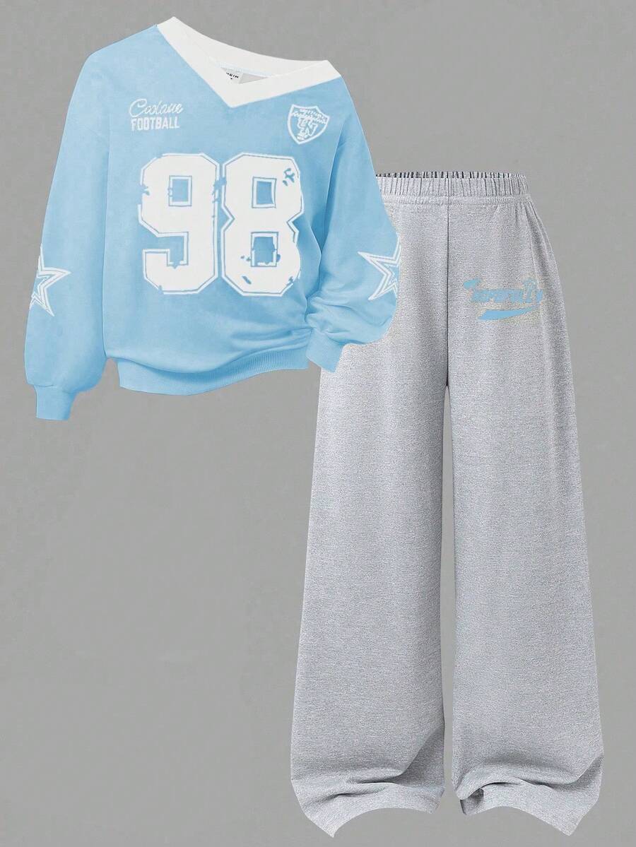 Sparklyn 2 件套女孩休闲时尚街头风格数字和英文字母星星图案 V 领宽松长袖上衣和阔腿运动裤运动套装，日常穿着 - 彩色 - 查看 1