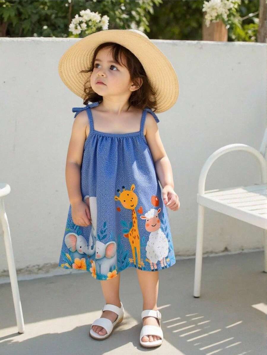 SHEIN Baby Girl Clothing Baby Girl Dress Full Floral Pattern Suspender Bow Summer Elegant And Fresh Dress - Blue - View 1
