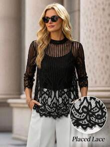 Editum 女士春季立领蕾丝上衣 - 黑色 - 查看 8