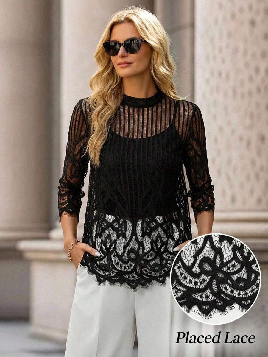 Editum Women's Spring Stand Collar Lace Top - Black - View 1