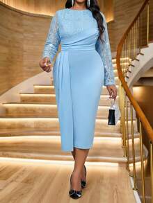 SHEIN Lady 秋冬季优雅通勤办公彩色针织立领喇叭中长长袖大码连衣裙 冬季女装 感恩节女装 冬季服装 长袖连衣裙 冬季连衣裙 优雅服装 秋季女装 黑色长袖连衣裙 秋季女装 秋季服装 曲线优雅女装 - 藍色 - 查看 3