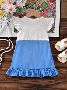 SHEIN Playful Pals Baby Girl Cute Pinafore Dress,Blue And White Stripe Autumn 2 In 1 Dress With Ruffle T-Shirt,3D Floral Fresh Style For Family Matching Outings - Baby Blue - View 4