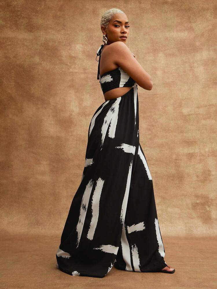 Vixey Printed Woven Halter Neck Bandeau Wide Leg Jumpsuit | SHEIN USA