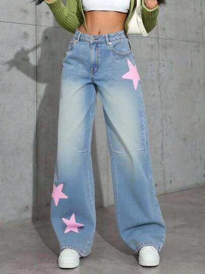 YOKASA Jeans de mezclilla de cintura media, holgados y de pierna recta lavados de manera informal