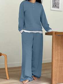 DAZY 2pcs/Set Women Casual Contrast Color Patchwork Knit Long Sleeve T-Shirt And Straight Leg Pants Loungewear Set, Spring - Baby Blue - View 5