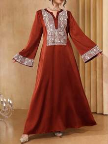 SHEIN Najma Elegant Pearl Embellished Fabric Patchwork Satin Long Sleeve Maxi Dress, Turkish & Arabic Traditional Abaya - Rust Brown - View 5