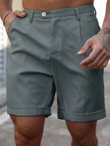Manfinity Homme Plusstorlekar herrshorts i enfärgat, sneda fickor, veckade, avslappnade och mångsidiga - Grå - Visa 5
