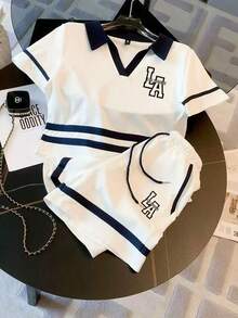 Franclia Plus Size Regular Short Turndown Collar Raglan Short Sleeve Top + Slant Pocket Shorts Teacher Birthday White Summer Streetwear Traditional - White - View 4