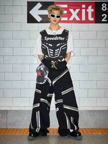 ROMWE MEN Street Life Jeans casuales de pierna ancha con parches y desgaste lavado para hombres - Negro - Ver 7