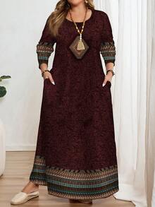 EMERY ROSE Red Floral Retro Print Plus Size Long Sleeve Round Neck Maxi Dress, Suitable For Spring/Summer - Multicolor - View 1