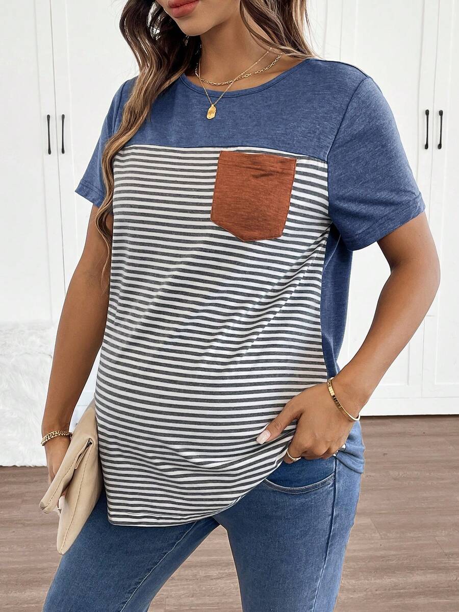 SHEIN Maternity Women's Striped Pocket Short Sleeve T-Shirt - Blue - View 1