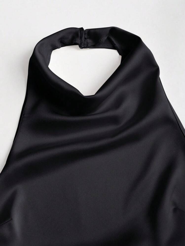 SHEIN Sweetro Solid Color Halter Draped Open Back Tie Camisole - Black - View 4