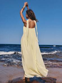 Opulessa 女士纯色褶皱连衣裙，海滩度假 - 黃色 - 查看 2