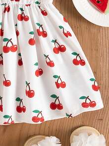 SHEIN Baby Girls' Cherry Print Round Neck Sleeveless Dress - White - View 7