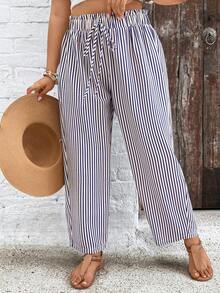 SHEIN VCAY Plus Size Casual Fashion Paper Bag Waist Loose Striped Pants For Women - Blue - View 3