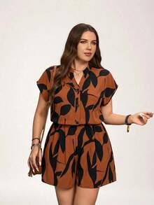 Comfylo Bộ jumpsuit mùa hè cỡ lớn phong cách boho với họa tiết hình học bất đối xứng dành cho nữ - màu nâu - Xem 5