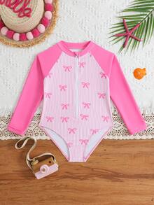Sparklyn Young Girls Peach Pink Bowknot Striped Decor Cute Elastic Comfortable One-Piece Swimsuit, Suitable For All Seasons Pink Long Sleeve Swimsuit Girl Pink Swimsuit Young Girl Long Sleeve Swimsuits Pink Long Sleeve Swimsuit Pink Swimsuit Long Sleeve Swimsuit Bow Print Swimsuit Girl Rash Guard Long Sleeve Swimsuit Swim Suits Girls Pink Rash Guard Pink Swim Shirt For Girls - Baby Pink - View 3