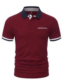 Manfinity Mode Men's Striped Short Sleeve Casual Commuter Polo Shirt - Burgundy - View 2