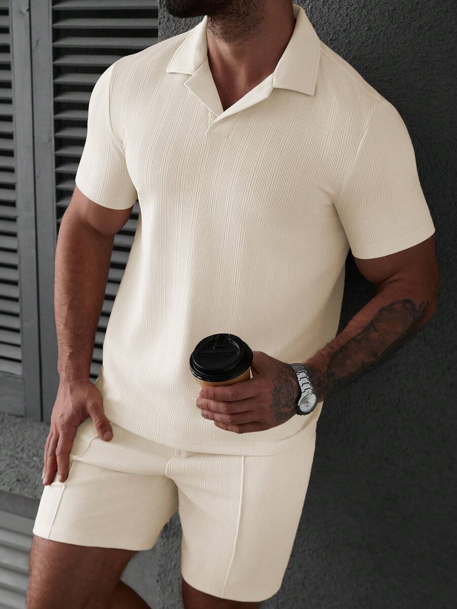 Manfinity Homme Men's Solid Color Short Sleeve Polo Shirt And Shorts Set - Apricot - View 1