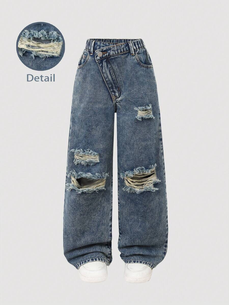 SHEIN 少女Y2K街头风休闲做旧不对称腰身柔软舒适浅蓝色牛仔裤，百搭日常穿搭，2025春夏新品上市 - 中等水洗藍 - 查看 1