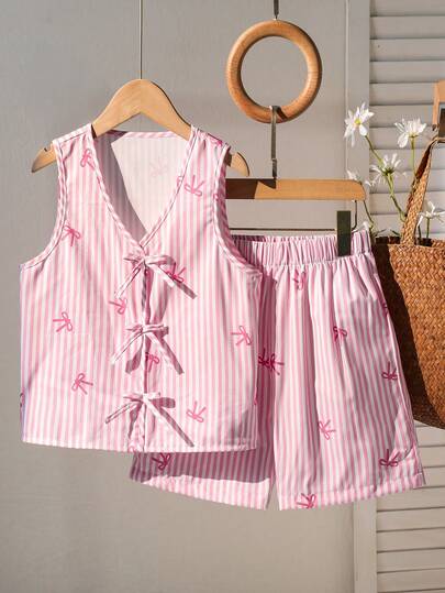 Sparklyn Girls' Casual Fashion Bow Striped Digital Printed Vest, Elastic Waistband Bow Striped Digital Printed Shorts Two Pieces Set, Loose, Comfortable, Soft, Practical And Versatile, Suitable For Autumn, Spring, Summer, Daily Wear, Commuting, Outdoor Play, Sports, School, Streetwear, Parties And Photography