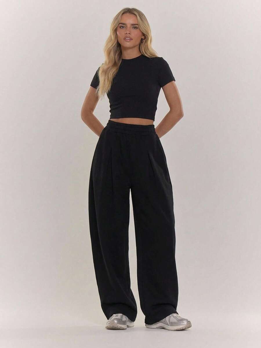 MUSERA Quần jogger ống rộng cạp chun xếp ly, phong cách cá tính, đường phố, dễ thương, mùa đông. - màu đen - Xem 1