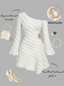 SHEIN MOD Đầm nữ cỡ lớn mùa xuân/hè màu mơ, dáng lệch vai, tay bồng, chất liệu vải kẻ sọc có họa tiết, vạt áo lệch, đầm ngắn, thích hợp cho những buổi hẹn hò, đi chơi và kỳ nghỉ. - Màu be - Xem 5