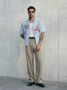 GENTILAND Men's Casual Woven Pocket Letter Embroidered Loose Short Sleeve Shirt Daily Essential Wardrobe Staple Basic Style All-Match Style Go-To Piece Mix-And-Match Item Casual Versatile Style  Premium Textured Fabric - Baby Blue - View 3