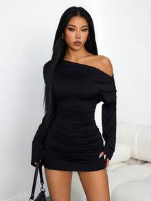 SHEIN PETITE 女士时尚性感纯色不对称领迷你连衣裙 - 黑色 - 查看 4