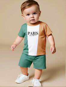 Set de 2 piezas de ropa para niño, camiseta de manga corta con cuello redondo con estampado minimalista de logotipo y bloques de color, combinada con pantalones cortos de unicolor, adecuado para salidas en verano - Multicolor - Ver 3