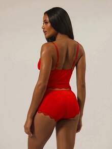 MUSERA ESSENTIALS Triangle Bust Lace Trim Adjustable Strap Cami Top And Fitted Boxer Boyshort Multipack Set Autumn Winter Fall Underwear Everyday Cosy Lounge Essential Valentines Day Spring Summer Vacation Holiday - Red - View 4