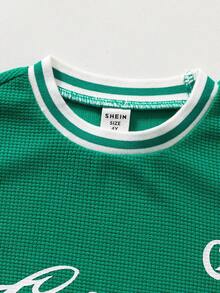 Casuvi Kids Young Boys Colorblock Drop Shoulder Tee Set,American College Style Graphic Print Loose Fit Summer School 2-Piece Outfit,Kids Sports Soccer Jersey Kit - Dark Green - View 8
