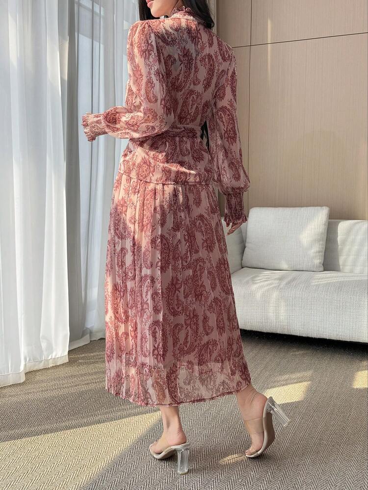 Women's Elegant Floral Print Stand Collar Frill Waist Belt Shirt & Pleated Skirt 2-Piece Set, Spring/Summer,Wedding Guest Dress Women