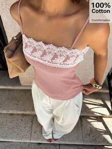 Siren Gaze Áo hai dây nữ mùa xuân/hè 2025 thiết kế mới viền ren, áo hai dây ngắn tối giản độc đáo. - Bụi hồng - Xem 4