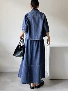 FRIFUL 女士纯色简约上衣和牛仔裙套装 夏季 - 藍色 - 查看 5