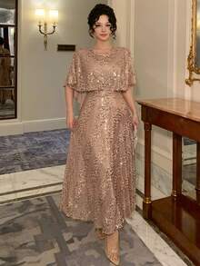 DAZY Đầm dài ngang gối cổ tròn đính sequin thanh lịch dành cho nữ, đầm dự tiệc cưới mùa hè, đầm lấp lánh, đầm maxi, đầm mùa hè. - Hồng - Xem 9