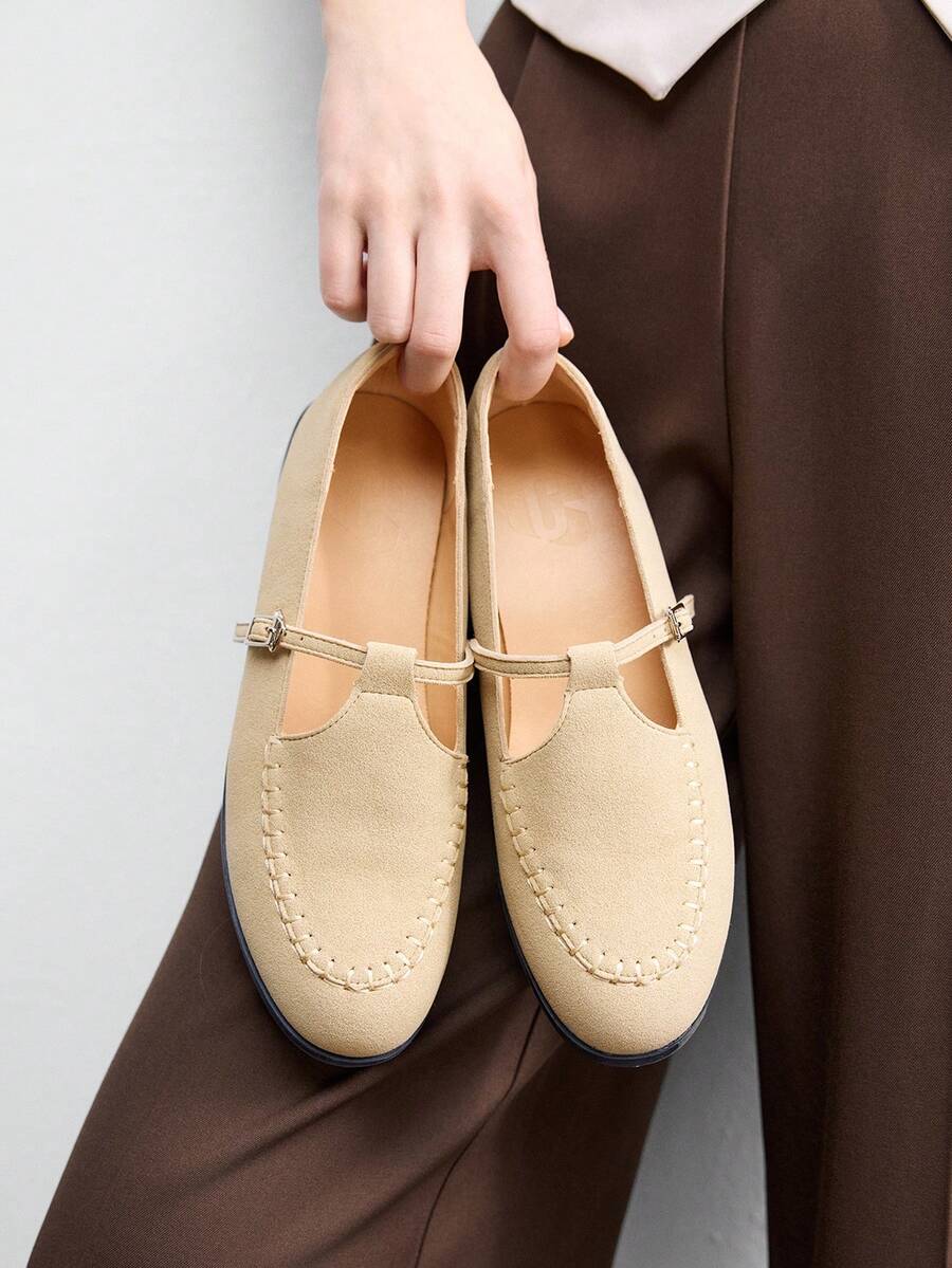 CUCCOO BIZCHIC New Retro Loafers Small Leather Shoes Round Toe Flat Bottom Slip On Buckle Commuter Shoes Women - Apricot - View 1