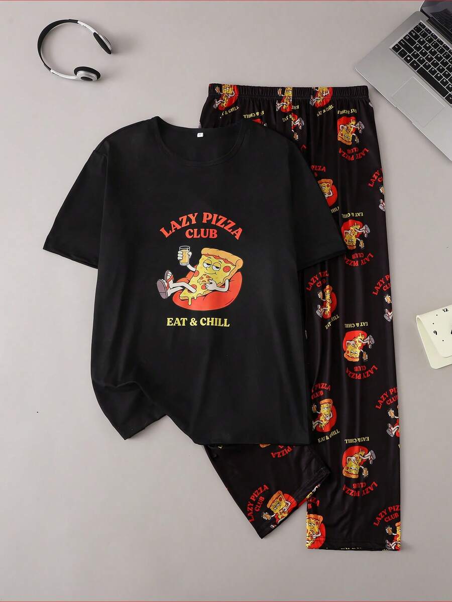 Hamburger & Fries Print Men Crew Neck Short Sleeve Top And Pants Pajama Set - Multicolor - View 1