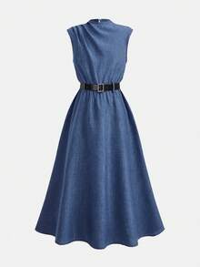 Firerie Kids Firerie Kids NovaGlow Tween Girl Tween Girls Casual Fashion Commuter Stand Collar Flared Waist Blue A-Line Dress, Comes With Belt - Blue - View 5