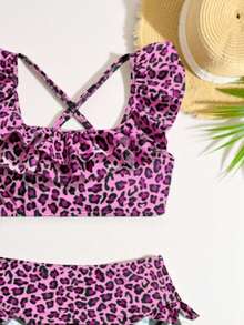 Nuevo conjunto de bikini de 2 piezas con volantes y estampado de leopardo que cubre por completo para niñas bebé de moda - Rosa Fucsia - Ver 4