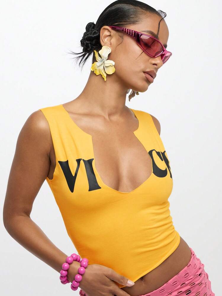 SUMWON WOMEN Yellow Notch Neck Tank With Text Print