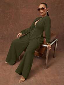 Vixey 浅灰色重磅抓绒卫衣长袖阔腿连体裤 - 軍綠色 - 查看 3