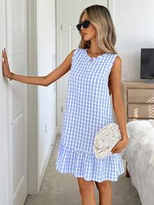 Easowa Đầm nữ phong cách Bohemian hai màu kẻ caro, cổ tròn, không tay, dáng chữ A, thích hợp cho kỳ nghỉ hè, váy maxi cần thiết cho hoạt động ngoài trời và mặc hàng ngày. - Xanh và trắng - Xem 4