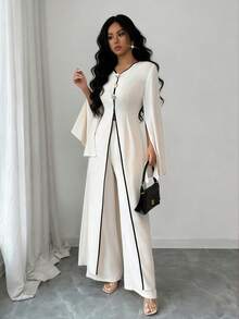 Elenzga 女士优雅两件套，V领金属纽扣开衩喇叭袖上衣搭配直筒/阔腿裤，适合通勤、日常穿着、度假、派对等场合，黑色滚边，秋冬春夏皆宜。 - 白色 - 查看 4