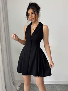 SHEIN PETITE New Casual Elegant Vacation Beach Party Deep V-Neck Sleeveless Waist-Cinched Black Mini Dress For Women, Spring/Summer - Black - View 3